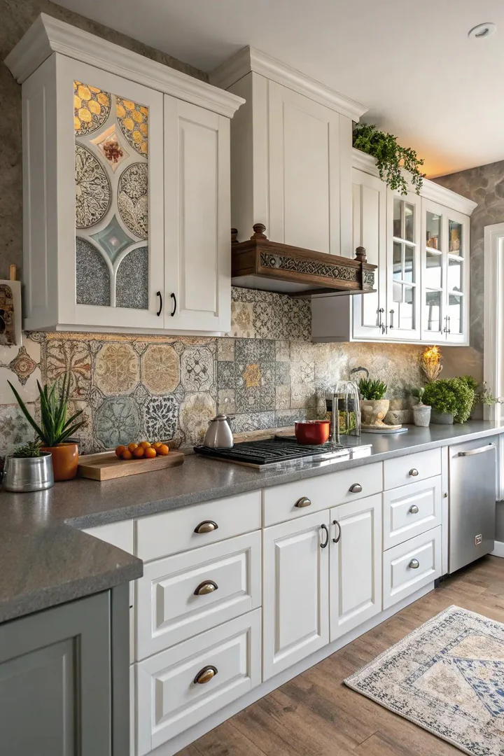 White kitchen with patterned tile backsplash and gray countertops.