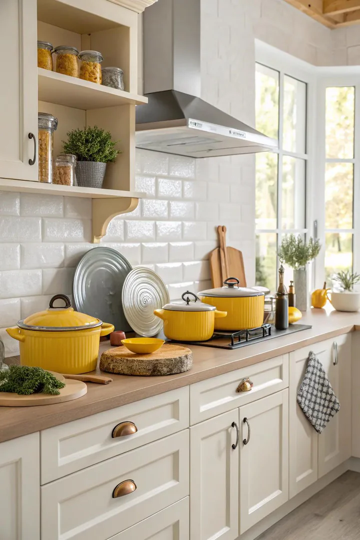 Yellow and grey kitchenware displayed on white countertops.