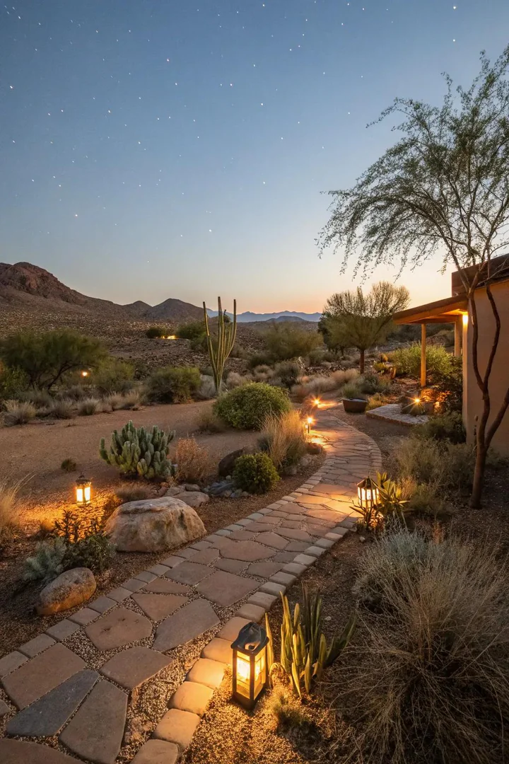 Low-voltage path lights and uplights illuminating a desert garden and gravel pathway at night