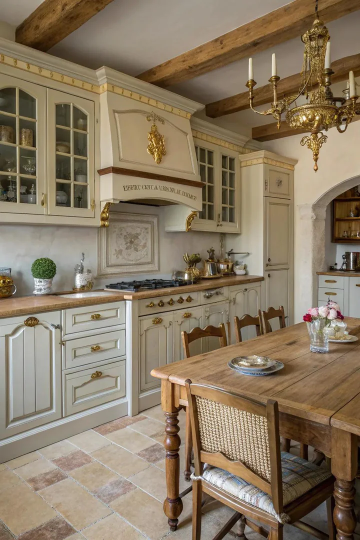 Gilded hardware and fixtures in a French country kitchen.