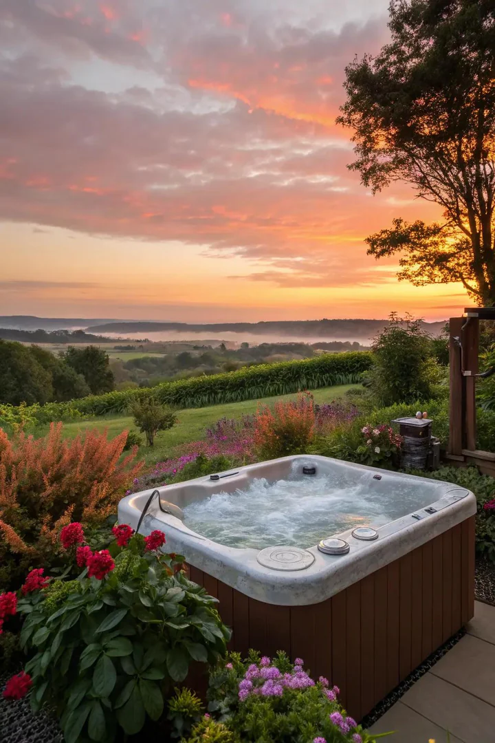 Hot tub positioned at the edge of a patio overlooking a mountain or water view with glass railing