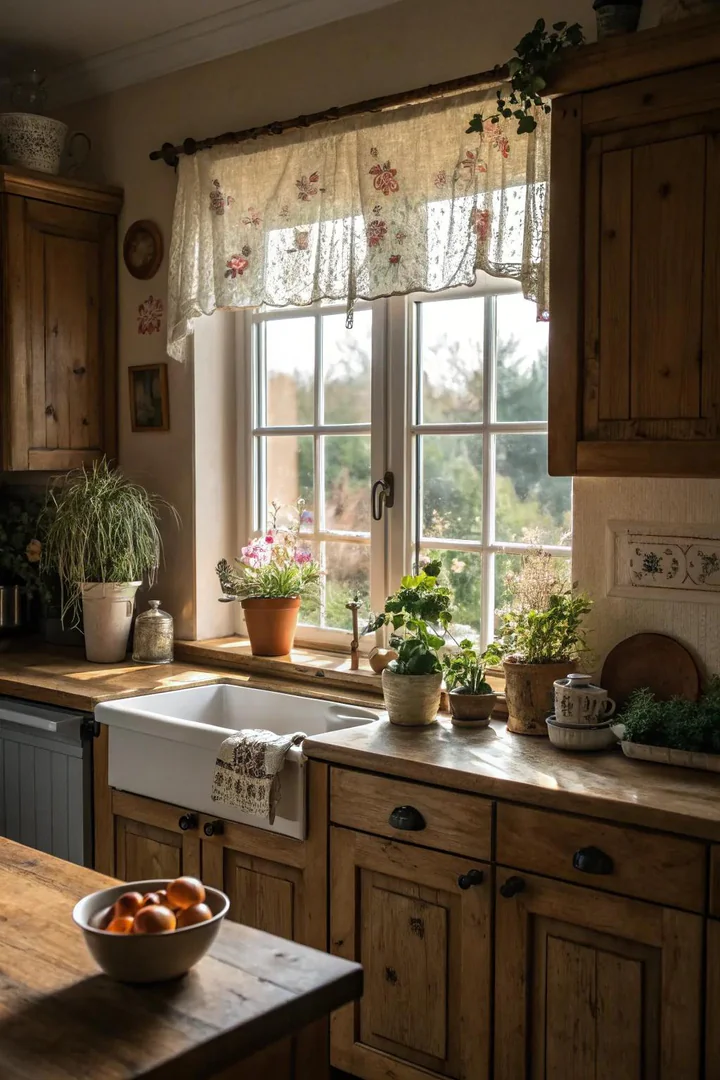Styled windowsill display on a kitchen window over the sink.