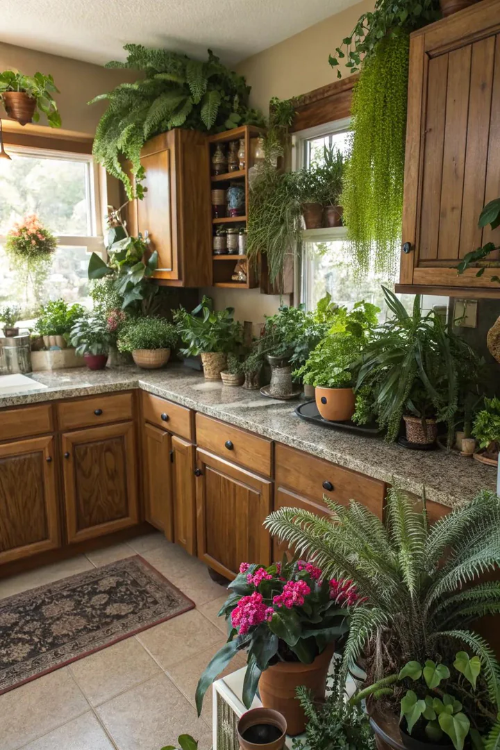 Indoor plants and herb garden in a windowless kitchen.
