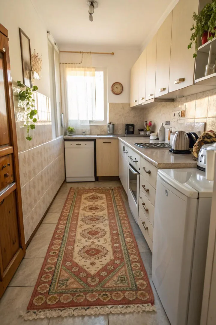 Kitchen floor runner adding personality to a small kitchen.
