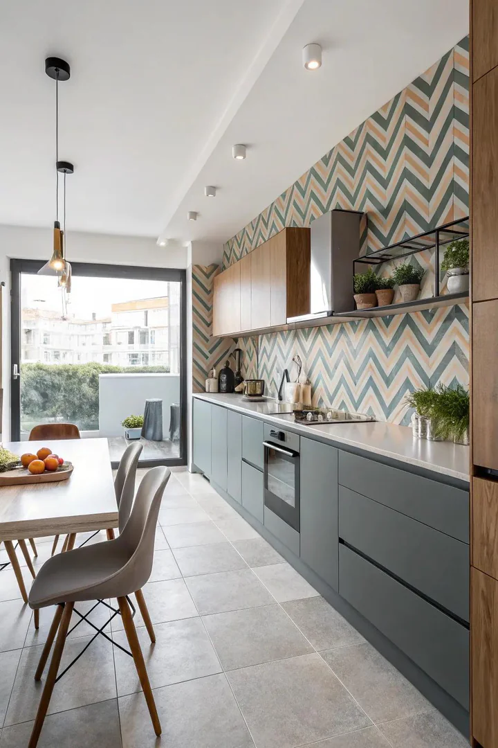 Chevron pattern tile kitchen backsplash.