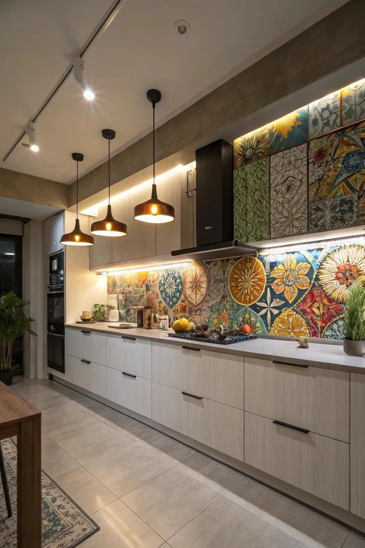 Kitchen with a decorative tile backsplash and open-shelf art display