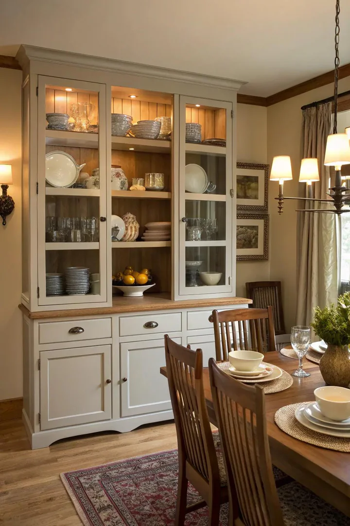 Repurposed dining room buffet sideboard for kitchen overflow storage.