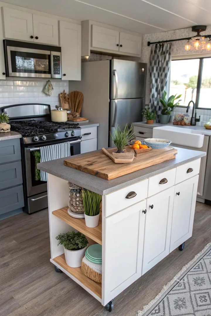 Island countertop with a flush-mounted end-grain cutting board inset