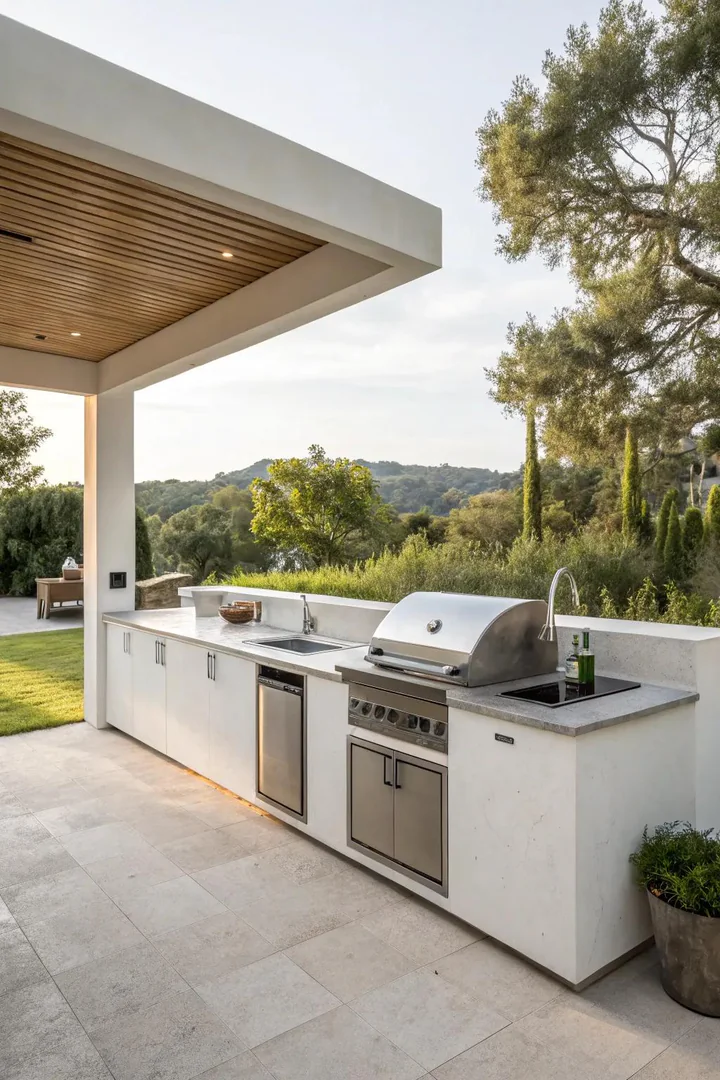 Minimalist steel-frame outdoor kitchen.