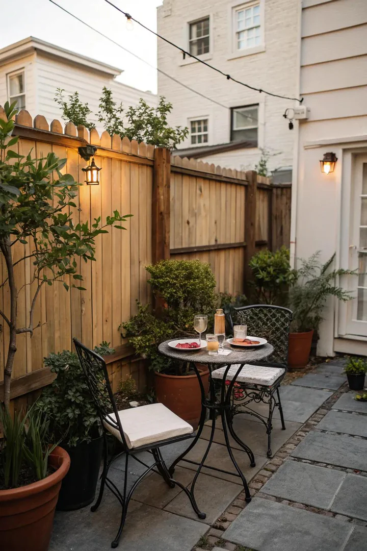 Compact outdoor dining table with bench seating tucked into a corner of a small backyard
