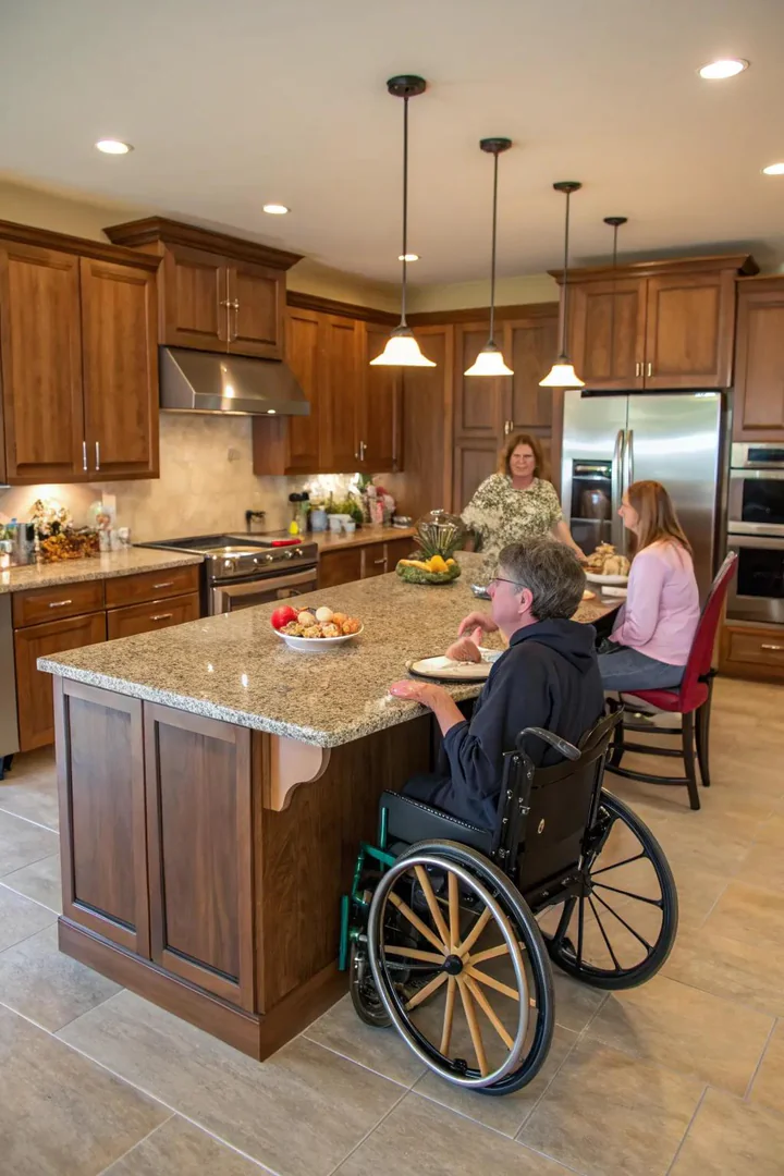 Adjustable-height kitchen island for wheelchair users.