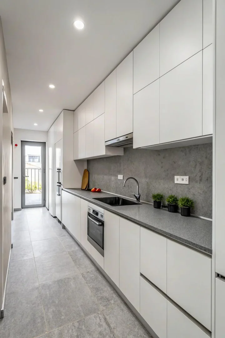 Minimalist white kitchen with flat-panel cabinets and gray countertops.