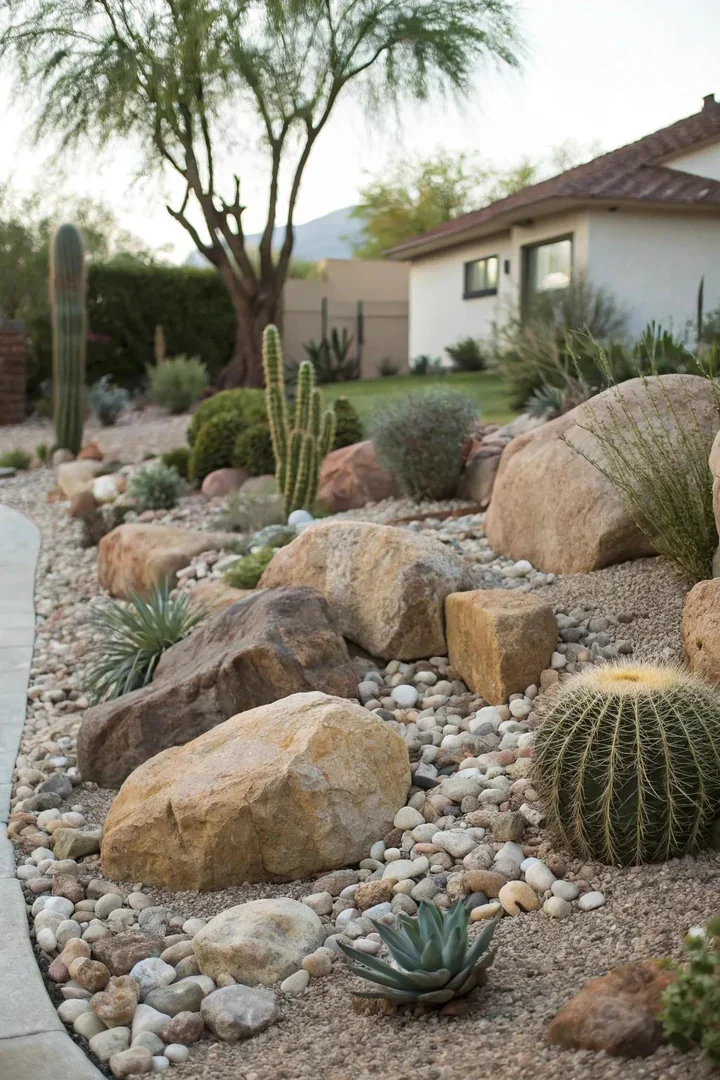 Rock garden with boulders, decomposed granite ground cover, and scattered desert plants