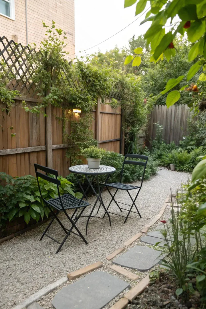 Gravel patio with stone edging as a budget outdoor space.