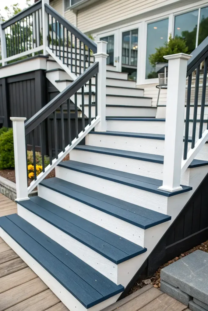 Corner deck stairs with contrasting dark treads and light risers in a two-tone design