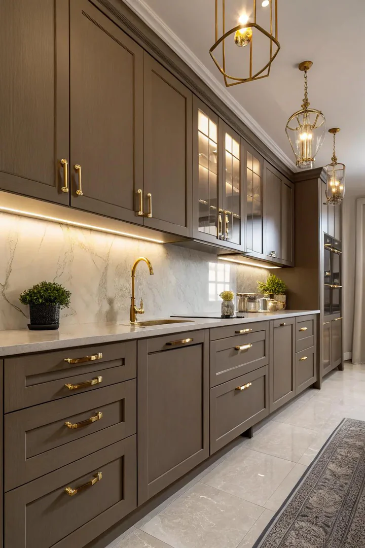 Brass accents bring warmth to dark beige cabinetry.