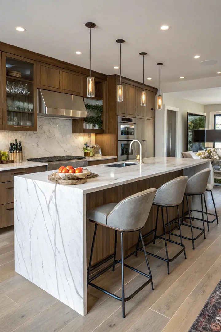 Kitchen island with waterfall countertop and three bar stools for eat-in dining