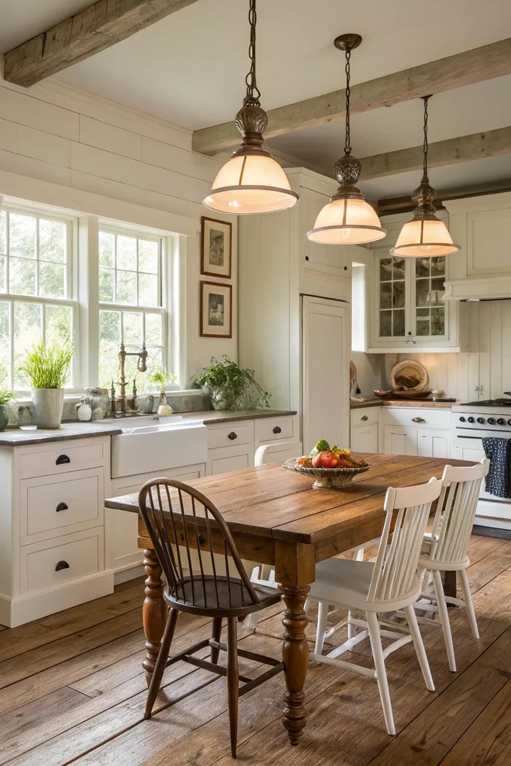 White milk glass pendant light above a farmhouse kitchen counter