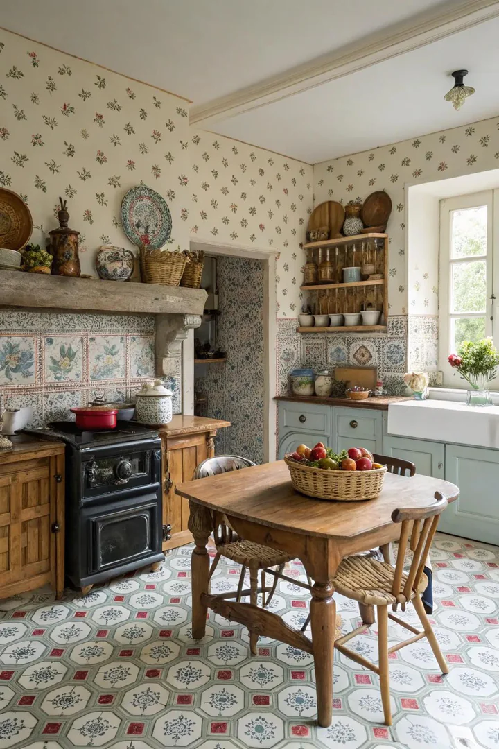 French country kitchen with mixed pattern scales in textiles.