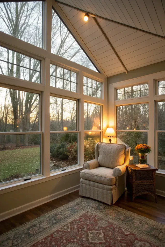 gable-roof sunroom with peaked ceiling and glass walls furnished as a reading nook