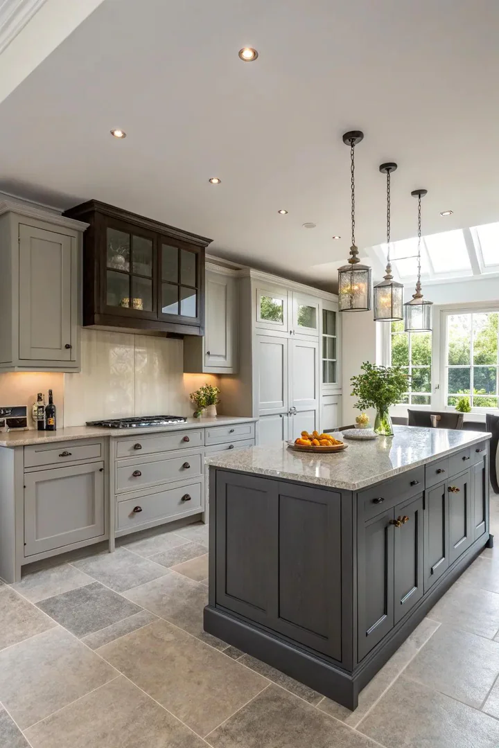 Grey kitchen with light upper cabinets and dark lower cabinets.
