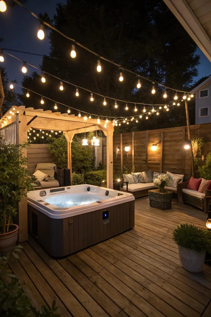 Hot tub patio illuminated with warm LED path lights and string lights overhead at dusk