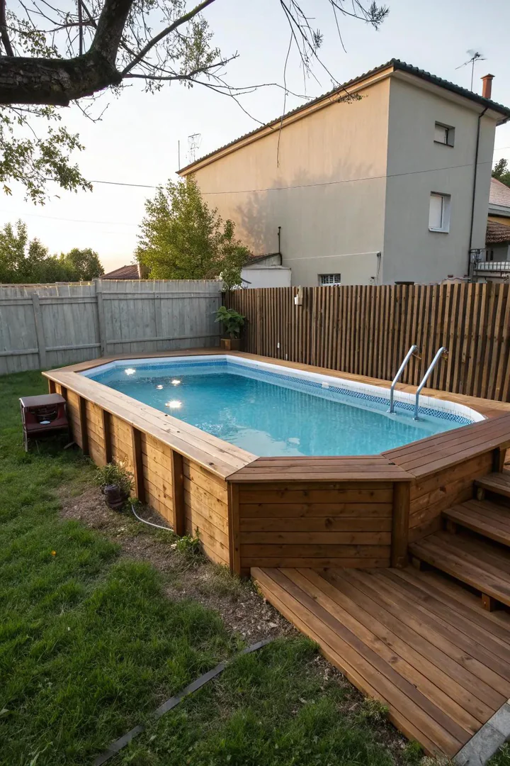 Above-ground pool surrounded by a custom-built wood deck with stairs and a railing