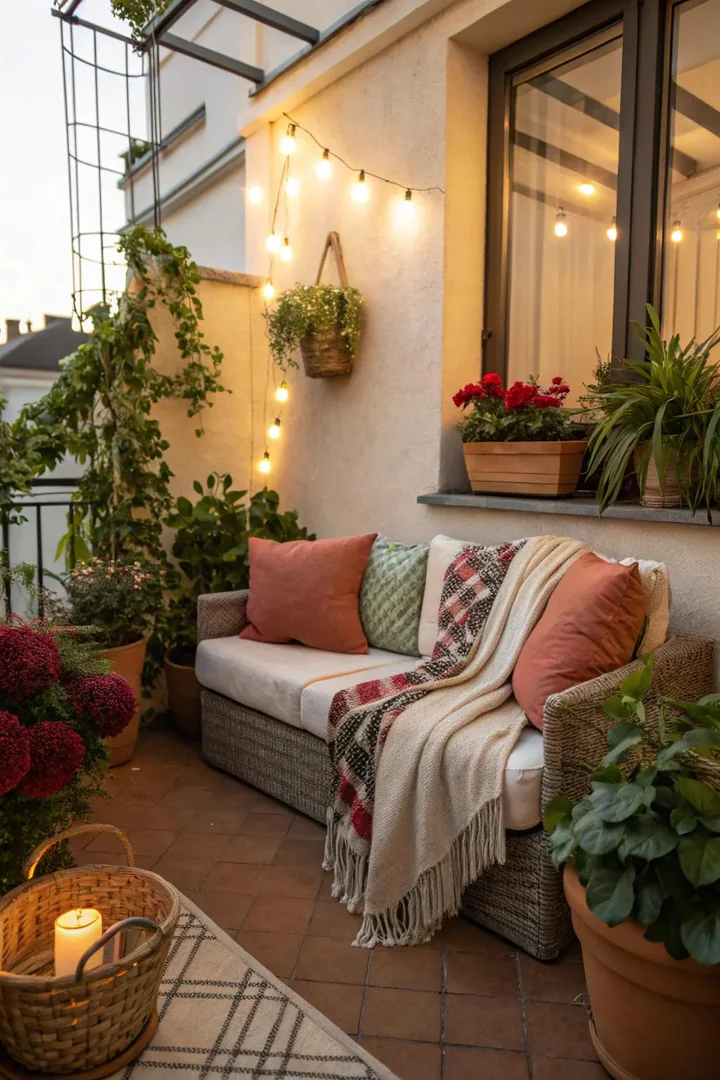 Small terrace with a two-person loveseat, throw pillows, and a small side table