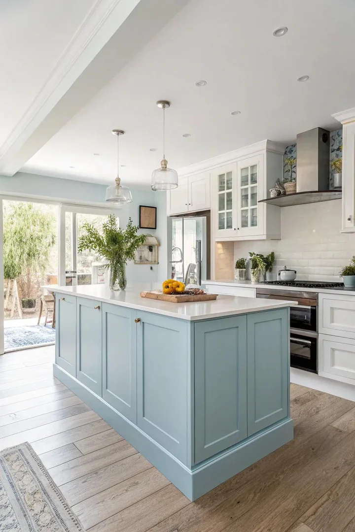 Kitchen peninsula with a blue-painted base.