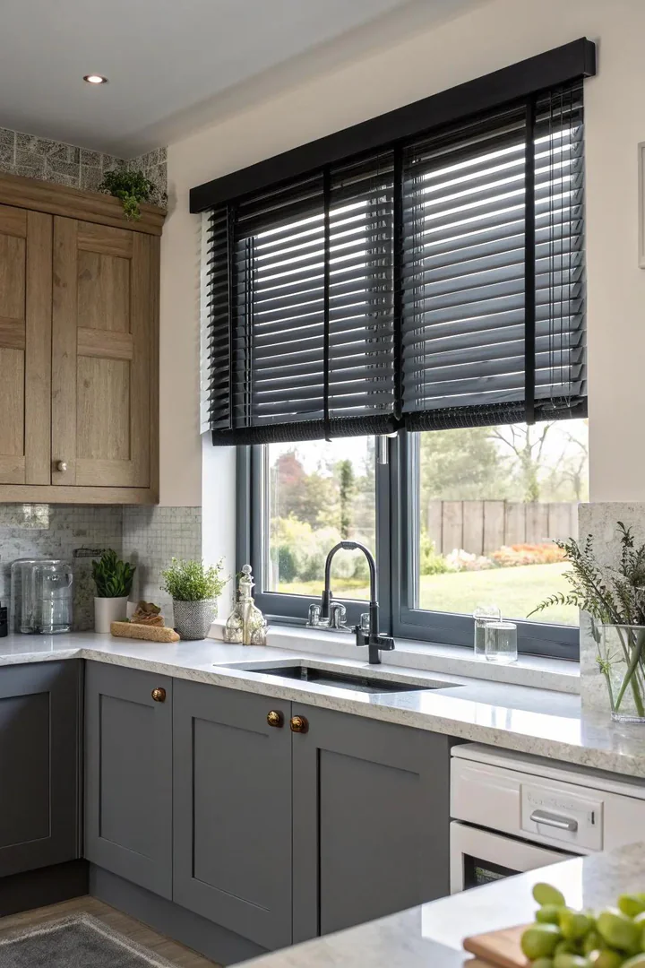 Black roller blinds on a kitchen window over the sink.