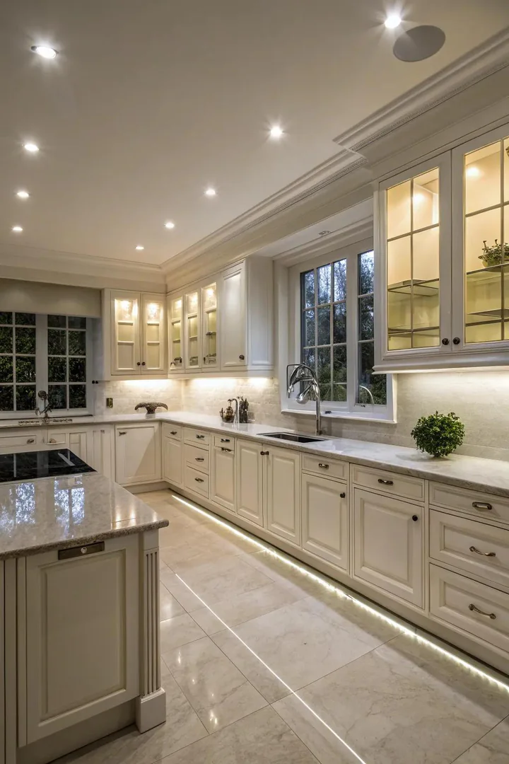 Recessed lighting installed in a windowless kitchen.