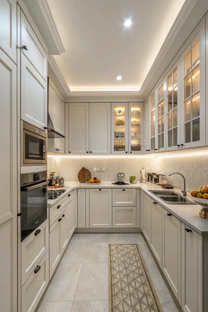 Floor-to-ceiling tall cabinets in a small kitchen.