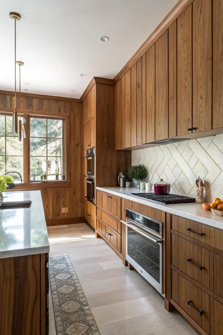 Wood paneling accent wall in a kitchen.