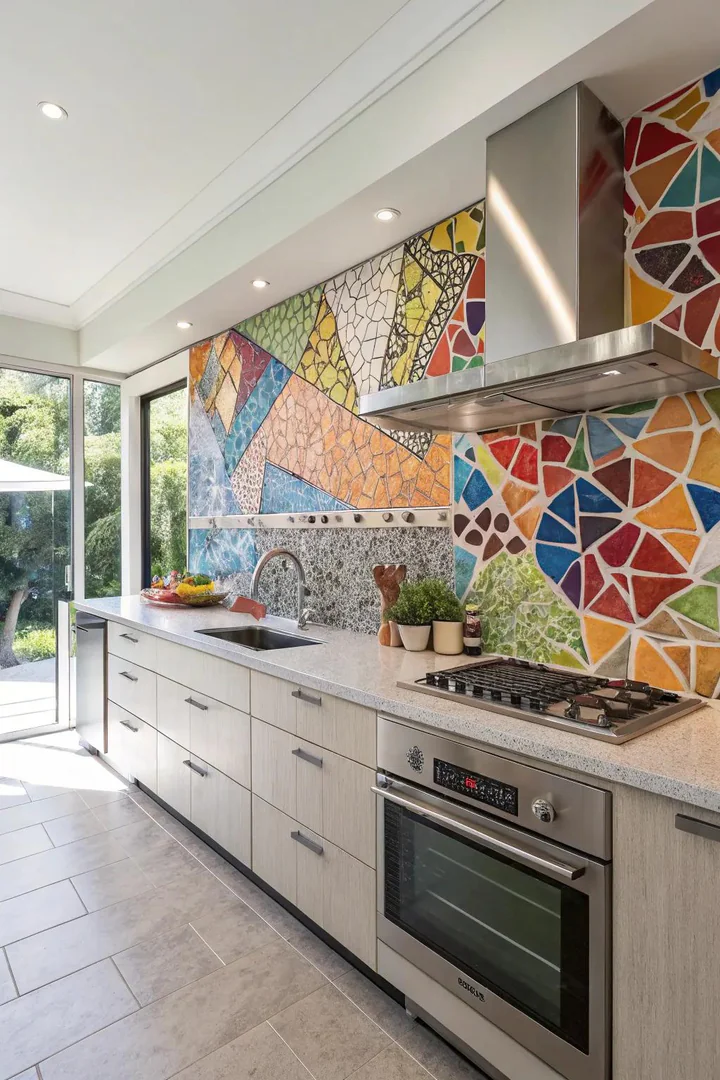 Vibrant mosaic pattern kitchen backsplash.