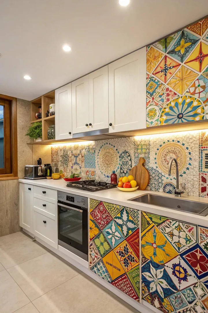 Colorful mosaic tile backsplash with mixed glass and ceramic pieces