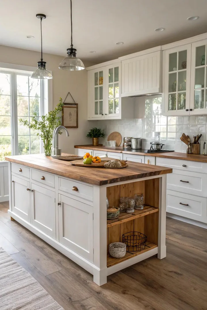 Natural wood kitchen island adding warmth to a white kitchen
