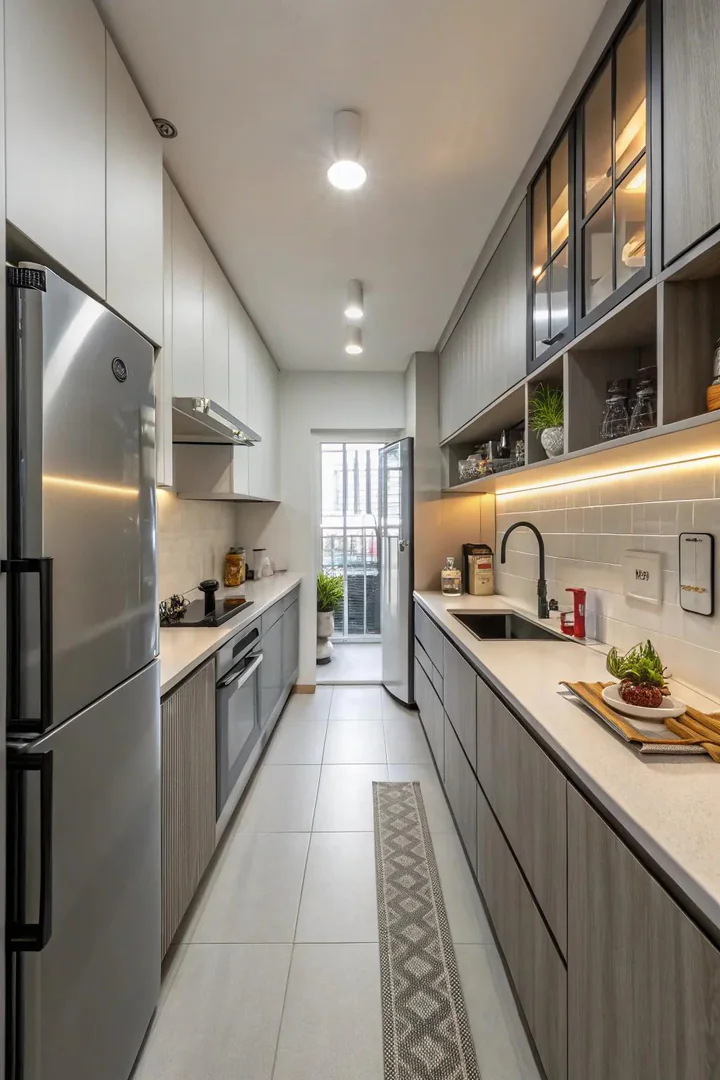 Galley kitchen with parallel counters and overhead cabinets