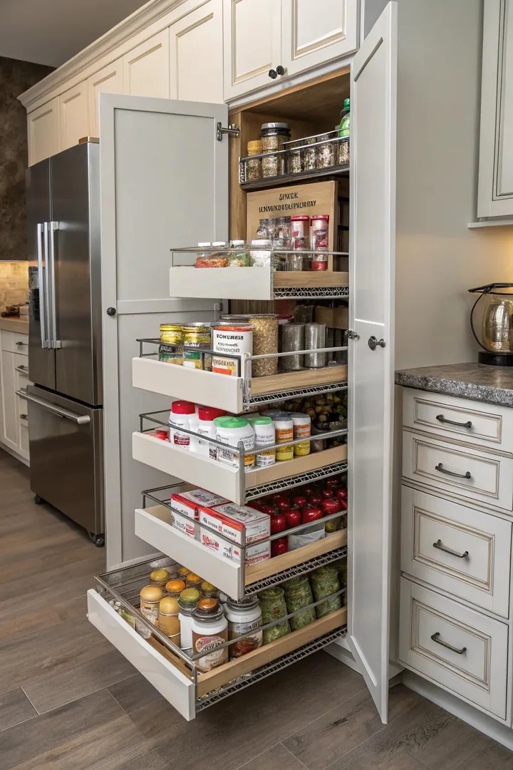 Pull-out pantry shelves on full-extension slides.