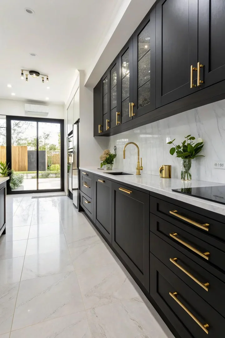 Black kitchen cabinets with gold hardware for contrast.