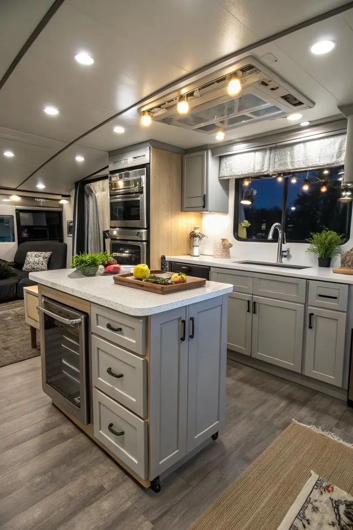 Kitchen island with built-in shelves and cabinet doors storing pots and bowls