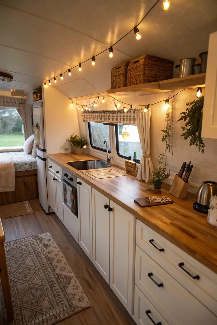 Wood countertops in a mobile home kitchen.