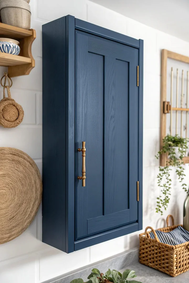 Bold cobalt blue painted kitchen cabinets.