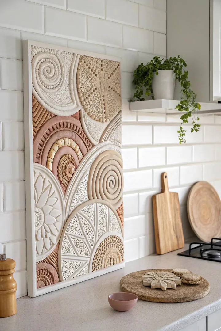 Abstract textured polymer clay wall tiles.