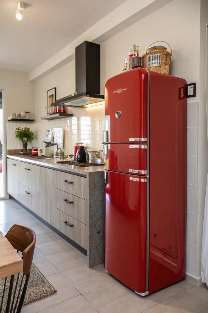 Red kitchen appliances adding a pop of color.