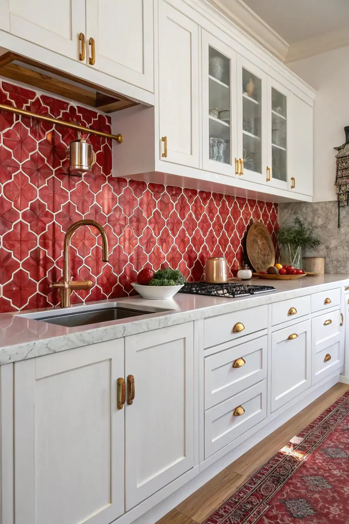 A kitchen transformed by Moroccan-inspired red mosaic tiles.