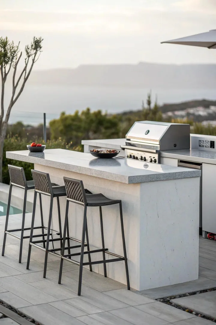 Freestanding outdoor kitchen island with grill.