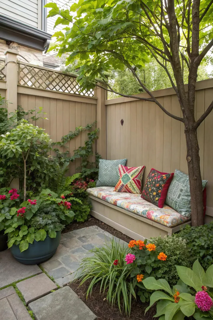Small backyard corner with a love seat, throw pillows, and potted plants creating an intimate seating nook