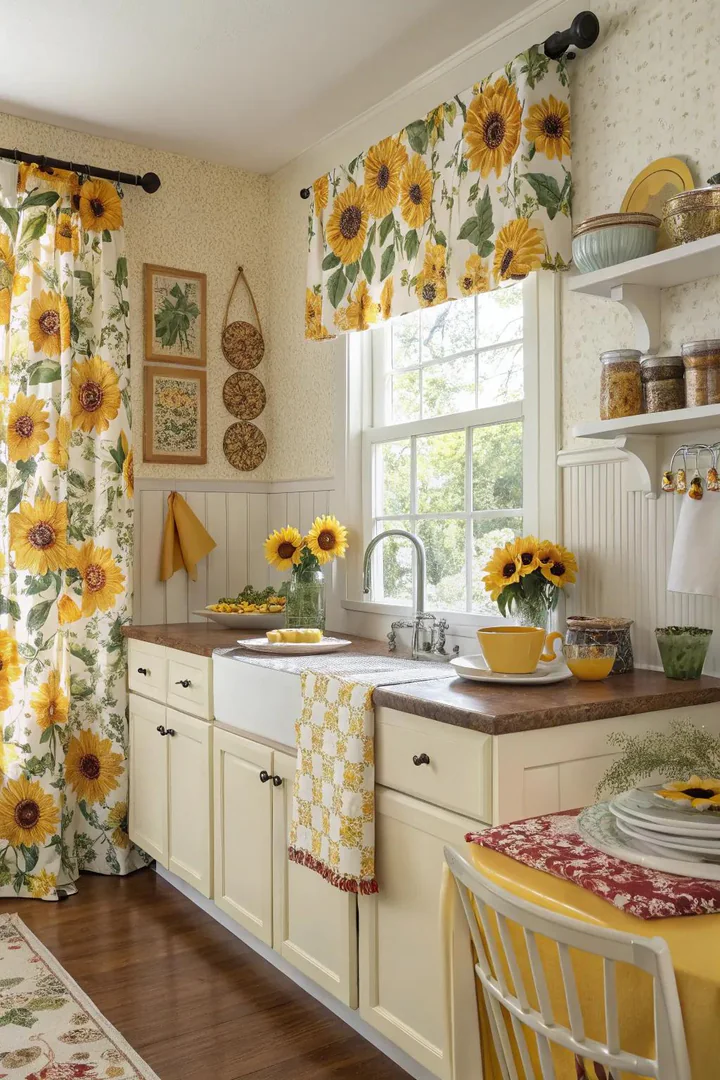 Bold sunflower wallpaper behind open kitchen shelving.
