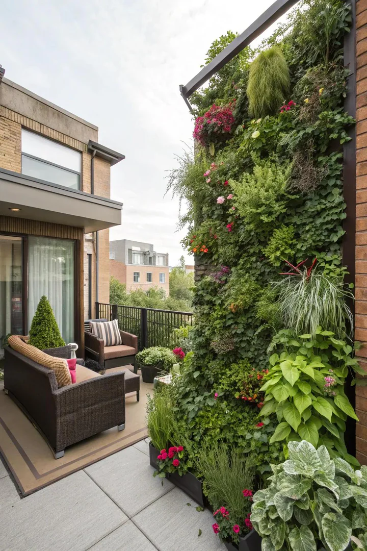 Wall-mounted vertical garden planter system with herbs and trailing plants on a townhouse patio