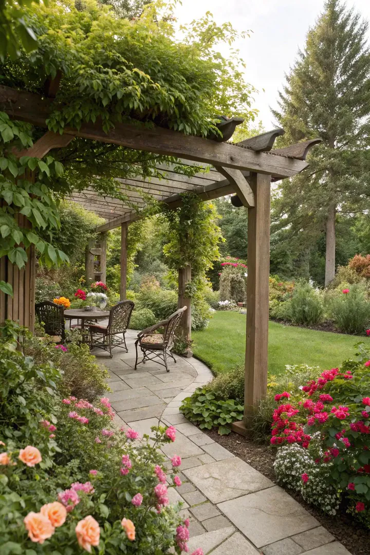 Garden room divider trellis separating outdoor spaces.